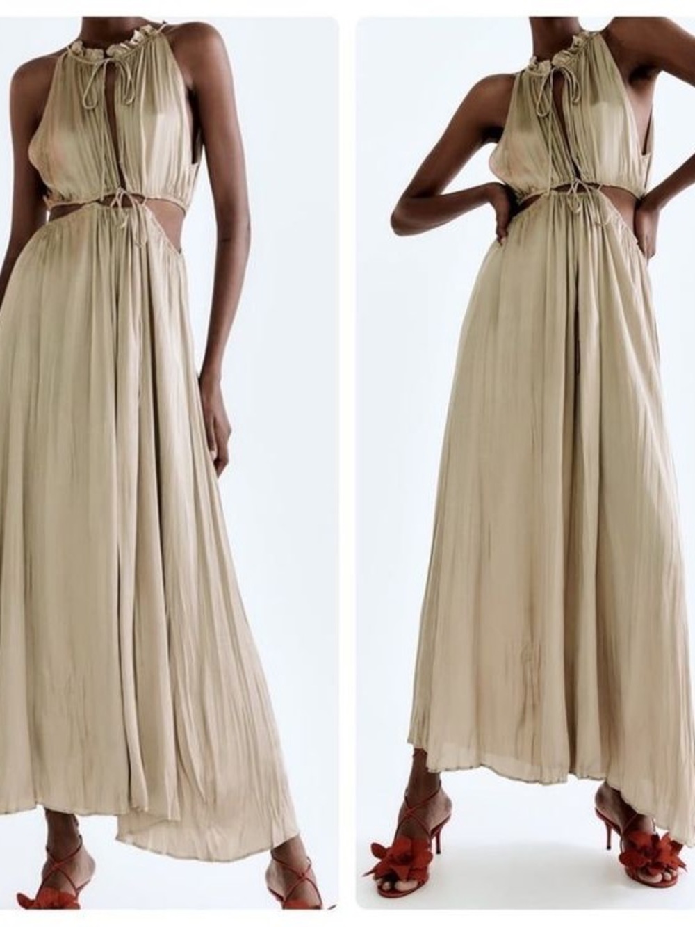 Brand New w/Tags Zara Taupe/Champagne Halter Cutout Maxi Dress Size Large